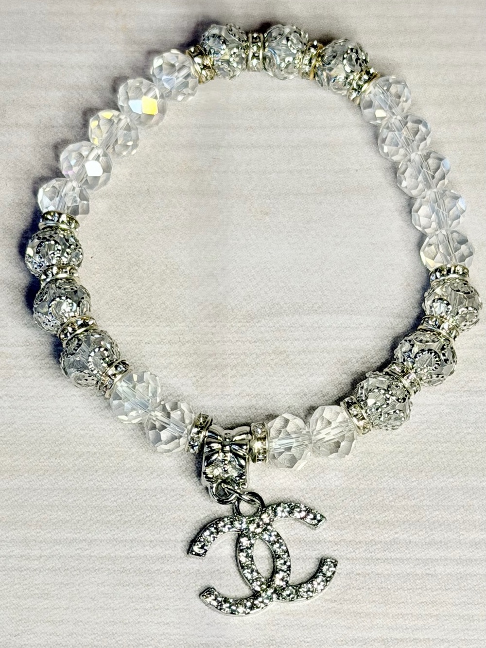 CC Crystal Bead Charm Bracelet - Clear with Silver CC Charm